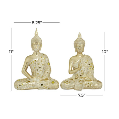 GOLD POLYSTONE BUDDHA MEDITATING SCULPTURE WITH ENGRAVED CARVINGS AND RELIEF DETAILING, SET OF 2 10″, 11″H