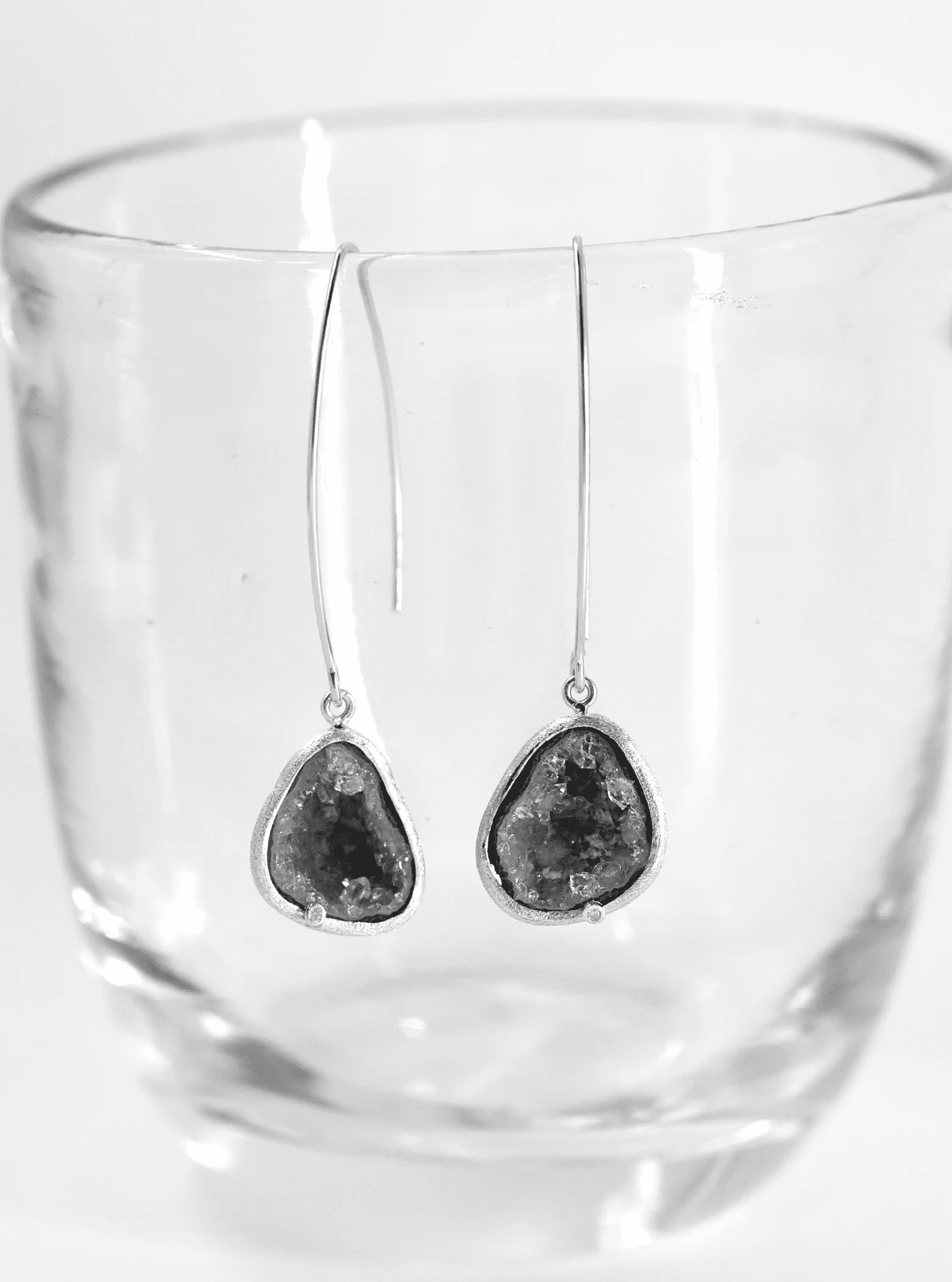 Geode Dangle Earrings with Fish Hook Wire and Diamond .925 Silver