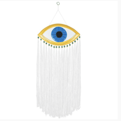 DECO HANGING WOOD EVIL EYE W/ WHITE TASSEL
