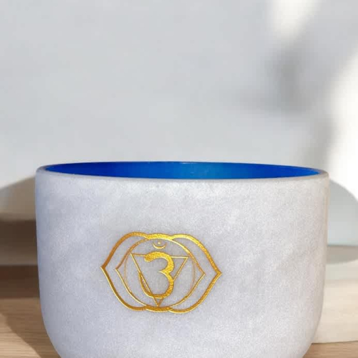 Frosted Light Blue Tuned Crystal Singing Bowl – Etched Chakra with Bag