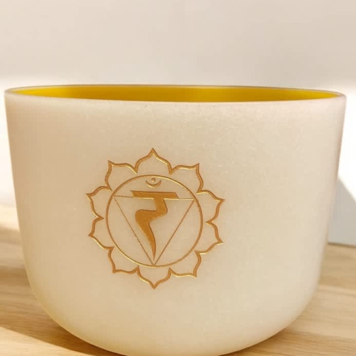 Frosted Yellow Tuned Crystal Singing Bowl – Etched Chakra with Bag