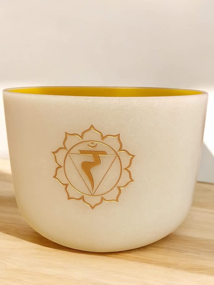 Frosted Yellow Tuned Crystal Singing Bowl - Etched Chakra with Bag